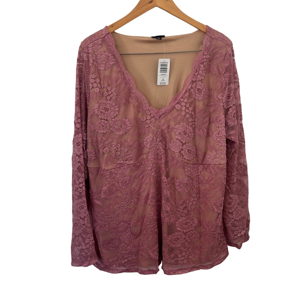 NWT Elegant Torrid Lilas Stretch Lace Surplice Fitted Long Sleeve Top SZ3 22-24
